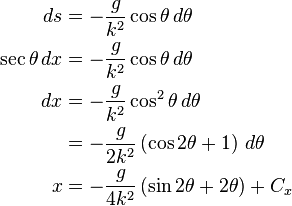 
\begin{align}
ds & = - \frac{g}{k^2} \cos \theta \,d\theta \\
\sec\theta \, dx & = - \frac{g}{k^2} \cos \theta\, d\theta \\
dx & = - \frac{g}{k^2} \cos^2 \theta \,d\theta \\ & = - \frac{g}{2 k^2} \left ( \cos 2 \theta + 1 \right ) \,d\theta \\
x & = - \frac{g}{4 k^2} \left ( \sin 2 \theta + 2 \theta \right ) + C_x
\end{align}
