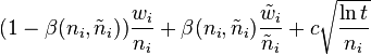 (1-\beta(n_i, \tilde{n}_i))\frac{w_i}{n_i} + \beta(n_i, \tilde{n}_i)\frac{\tilde{w}_i}{\tilde{n}_i} + c\sqrt{\frac{\ln t}{n_i}}