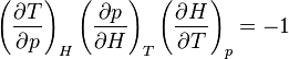 
\left(\frac{\partial T}{\partial p}\right)_H
\left(\frac{\partial p}{\partial H}\right)_T
\left(\frac{\partial H}{\partial T}\right)_p
= -1
