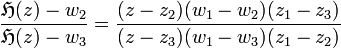
{{\mathfrak{H}(z)-w_2}
\over{\mathfrak{H}(z)-w_3}}
={{(z-z_2)(w_1-w_2)(z_1-z_3)}\over{(z-z_3)(w_1-w_3)(z_1-z_2)}}
