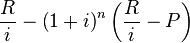 \frac {
R}
{
mi}
- \left (1+i \right)^ n \left (\frac {
R}
{
mi}
- P \right)