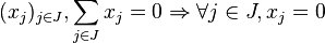 (x_j)_{j in J}, sum_{j in J} x_j = 0 Rightarrow forall j in J, x_j = 0