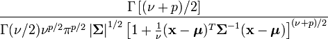 
\frac{\Gamma\left}{\Gamma(\nu/2)\nu^{p/2}\pi^{p/2}\left|{\boldsymbol\Sigma}\right|^{1/2}\left^{(\nu+p)/2}}