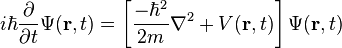 i\hbar\frac{\partial}{\partial t} \Psi(\mathbf{r},t) = \left [ \frac{-\hbar^2}{2m}\nabla^2 + V(\mathbf{r},t)\right ] \Psi(\mathbf{r},t)