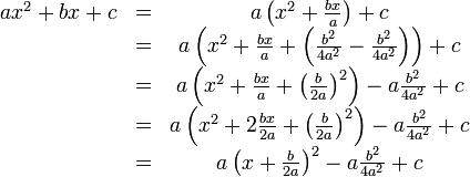 \begin{matrix}a x^2 + b x + c &= &a \left(x^2 + \frac{b x}{a}\right) + c \\

 & = & a \left(x^2 + \frac{b x}{a} + \left(\frac{b^2}{4 a^2} - \frac{b^2}{4 a^2}\right)\right) + c \\
 & = & a \left(x^2 + \frac{b x}{a} + \left(\frac{b}{2 a}\right)^2\right) - a \frac{b^2}{4 a^2} + c \\

 & = & a \left(x^2 + 2\frac{b x}{2 a} + \left(\frac{b}{2 a}\right)^2\right) - a \frac{b^2}{4 a^2} + c \\

 & = & a \left(x + \frac{b}{2 a}\right)^2 - a \frac{b^2}{4 a^2} + c 
\end{matrix}\,\!