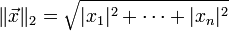 |vec{x}|_2 = sqrt{|x_1|^2 + cdots + |x_n|^2}