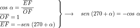    \left .
      \begin{array}{l}
         cos \; \alpha =\cfrac{\; \overline{EF} \;}{\overline{OF}} \\
         \overline{OF} =1 \\
         \overline{EF} = -sen \; (270+\alpha)
      \end{array}
   \right \}
   \longrightarrow  \quad
   sen \; (270+\alpha) = -cos \; \alpha