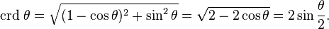  \mbox{crd}\ \theta = \sqrt{(1-\cos \theta)^2+\sin^2 \theta} = \sqrt{2-2\cos \theta} = 2 \sin \frac{\theta}{2}. 