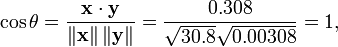  \cos \theta = \frac { \bold{x} \cdot \bold{y} } { \left\| \bold{x} \right\| \left\| \bold{y} \right\| } = \frac { 0.308 } { \sqrt { 30.8 } \sqrt { 0.00308 } } = 1, 