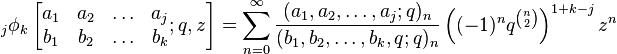 \;_{j}\phi_k \left[\begin{matrix}
a_1 & a_2 & \ldots & a_{j} \\
b_1 & b_2 & \ldots & b_k \end{matrix}
; q,z \right] = \sum_{n=0}^\infty
\frac {(a_1, a_2, \ldots, a_{j};q)_n} {(b_1, b_2, \ldots, b_k,q;q)_n} \left((-1)^nq^{n\choose 2}\right)^{1+k-j}z^n