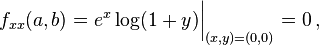 f_{xx}(a,b)=e^x\log(1+y)\bigg|_{(x,y)=(0,0)}=0\,,