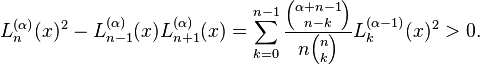 L_n^{(\alpha)}(x)^2- L_{n-1}^{(\alpha)}(x) L_{n+1}^{(\alpha)}(x)= \sum_{k=0}^{n-1} \frac{{\alpha+n-1\choose n-k}}{n{n\choose k}} L_k^{(\alpha-1)}(x)^2>0.