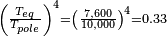 \begin{smallmatrix}\left( \frac{T_{eq}}{T_{pole}} \right)^4 = \left( \frac{7,600}{10,000} \right)^4 = 0.33\end{smallmatrix}