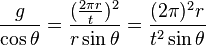 \frac {
g}
{\kos \theta}
= \frac {
(\frac {
2 \pi r}
{t}
)^ 2}
{r \sin \theta}
= \frac {
(2 \pi)^ 2 r}
{t^2 \sin \theta}