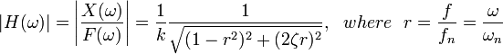 |H(\omega)|=\left |{X(\omega) \over F(\omega)} \right|= {1 \over k} {1 \over \sqrt{(1-r^2)^2 + (2 \zeta r)^2}}, \ \ where\ \ r=\frac{f}{f_n}=\frac{\omega}{\omega_n}