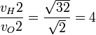 \frac {v_H2} {v_O2} = \frac {\sqrt{32}} {\sqrt{2}} = 4