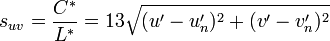 s_{uv} = \frac{C^*}{L^*} = 13 \sqrt{(u^\prime - u^\prime_n)^2 + (v^\prime - v^\prime_n)^2}