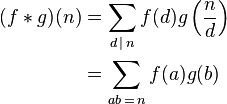 
\begin{align}
(f*g)(n)
&= \sum_{d\,\mid \,n} f(d)g\left(\frac{n}{d}\right) \\
&= \sum_{ab\,=\,n}f(a)g(b)
\end{align}
