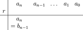 \begin{array}{c|ccccc}      {} & a_n & a_{n-1} & \dots & a_1 & a_0  \\      r & {} & {} & {} & {} & {}  \\      \hline           {}  & a_n & {} & {} & {} & {}  \\      {}  & =b_{n-1} & {} & {} & {} & {}  \\   \end{array}