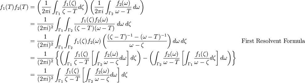 \begin{align}
f_1 (T) f_2(T) &= \left (\frac{1}{2\pi i}\int_{\Gamma_1}\frac{f_1(\zeta)}{\zeta-T} d \zeta \right ) \left (\frac{1}{2 \pi i} \int_{\Gamma_2}\frac{f_2(\omega)}{\omega-T}\, d \omega \right )\\
&= \frac{1}{(2\pi i)^2} \int_{\Gamma_1} \int_{\Gamma_2} \frac{f_1(\zeta)f_2(\omega)}{(\zeta-T)(\omega-T)}\;