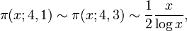 \pi(x;4,1)\sim\pi(x;4,3)\sim \frac{1}{2}\frac{x}{\log x},