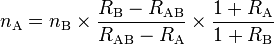 n_\mathrm{A} = n_\mathrm{B} \times \frac{R_\mathrm{B}-R_\mathrm{AB}}{R_\mathrm{AB}-R_\mathrm{A}} \times \frac{1+R_\mathrm{A}}{1+R_\mathrm{B}}