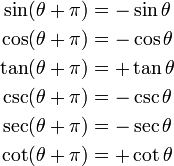 
\begin{align}
\sin(\theta + \pi) &= -\sin \theta \\
\cos(\theta + \pi) &= -\cos \theta \\
\tan(\theta + \pi) &= +\tan \theta \\
\csc(\theta + \pi) &= -\csc \theta \\
\sec(\theta + \pi) &= -\sec \theta \\
\cot(\theta + \pi) &= +\cot \theta \\
\end{align}
