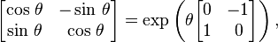 \begin{bmatrix}
\cos\,\theta & -\sin\,\theta \\
\sin\,\theta & \,\cos\,\theta \end{bmatrix}=
\exp\left( \theta
\begin{bmatrix}
0 & -1 \\
1 &\,0 \end{bmatrix}
\right),
