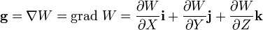 \mathbf{g} = \nabla W = \mathrm{grad}\ W = \frac{\partial W}{\partial X}\mathbf{i}
+\frac{\partial W}{\partial Y}\mathbf{j}+\frac{\partial W}{\partial Z}\mathbf{k}