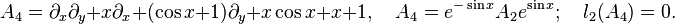 A_4=\partial_x \partial_y +x\partial_x + (\cos x +1) \partial_y + x \cos x +x +1, \quad
A_4=e^{-\sin x}A_2e^{\sin x}; \quad l_2(A_4)=0.