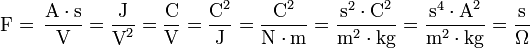 \mbox{F} = \,\mathrm \frac{A \cdot s}{V} = \dfrac{\mbox{J}}{\mbox{V}^2} = \dfrac{\mbox{C}}{\mbox{V}} = \dfrac{\mbox{C}^2}{\mbox{J}} = \dfrac{\mbox{C}^2}{\mbox{N} \cdot \mbox{m}} = \dfrac{\mbox{s}^2 \cdot \mbox{C}^2}{\mbox{m}^{2} \cdot \mbox{kg}} = \dfrac{\mbox{s}^4 \cdot \mbox{A}^2}{\mbox{m}^{2} \cdot \mbox{kg}} = \dfrac{\mbox{s}}{\Omega}