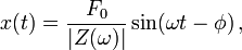  x(t) = \frac{F_0}{|Z (\omega)|} \sin(\omega t - \phi) \, , 