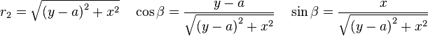 r_2=\sqrt{{(y-a)}^2+x^2}\quad\cos\beta=\frac{y-a}{\sqrt{{(y-a)}^2+x^2}}\quad\sin\beta=\frac{x}{\sqrt{{(y-a)}^2+x^2}}