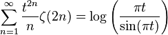 \sum_ {
n 1}
^\infty \frac {
t^ {
2n}
}
{n}
\zeta (2n) = \log \left (\frac {
\pi t}
{\sin (\pi t)}
\right)