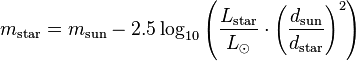 m_ {
\rm stelo}
= m_ {
\rm suno}
-2.5\log_ {
10}
\left ({
L_ {
\rm stelo}
\over L_ {
\odot}
}
\cdot \left (\frac {
d_ {
\rm suno}
}
{
d_ {
\rm stelo}
}
\right) ^2\right)