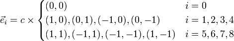 \vec{e}_i = c\times
\begin{cases} (0,0) & i = 0 \\ (1,0),(0,1),(-1,0),(0,-1) & i = 1,2,3,4 \\ (1,1),(-1,1),(-1,-1),(1,-1) & i = 5,6,7,8 \\
\end{cases}