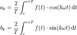 \begin{align}
  a_k&=\frac{2}{T}\int_{c}^{c+T} f(t) \cdot \cos(k\omega t)\, \mathrm{d}t \\[.7em]
  b_k&=\frac{2}{T}\int_{c}^{c+T} f(t) \cdot \sin(k\omega t)\, \mathrm{d}t
\end{align}