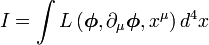 
I = \int L \left(\boldsymbol\phi, \partial_\mu{\boldsymbol\phi}, x^{\mu} \right) d^{4}x
