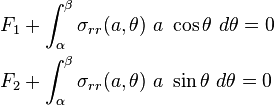  \begin{align} F_1 & + \int_{\alpha}^{\beta} \sigma_{rr}(a,\theta)~a~\cos\theta ~d\theta = 0 \\ F_2 & + \int_{\alpha}^{\beta} \sigma_{rr}(a,\theta)~a~\sin\theta ~d\theta = 0 \end{align} 