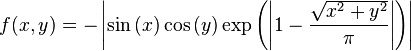 f(x,y) = - \left|\sin \left(x\right) \cos \left(y\right) \exp \left(\left|1 - \frac{\sqrt{x^{2} + y^{2}}}{\pi} \right|\right)\right|