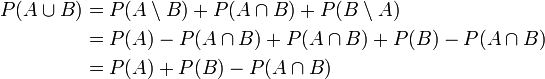 \begin{align}P(A\cup B) & =P(A\setminus B)+P(A\cap B)+P(B\setminus A)\\& =P(A)-P(A\cap B)+P(A\cap B)+P(B)-P(A\cap B)\\& =P(A)+P(B)-P(A\cap B)\end{align}