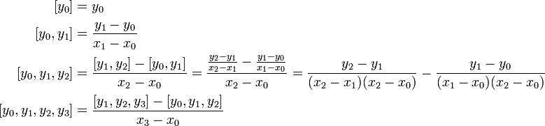 
\begin{align} \mathopen &= y_0 \\ \mathopen &= \frac{y_1-y_0}{x_1-x_0} \\ \mathopen
&= \frac{\mathopen-\mathopen}{x_2-x_0} = \frac{\frac{y_2-y_1}{x_2-x_1}-\frac{y_1-y_0}{x_1-x_0}}{x_2-x_0} = \frac{y_2-y_1}{(x_2-x_1)(x_2-x_0)}-\frac{y_1-y_0}{(x_1-x_0)(x_2-x_0)}
\\ \mathopen &= \frac{\mathopen-\mathopen}{x_3-x_0}
\end{align}
