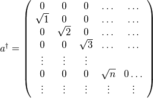 a^{\dagger}=\left(\begin{array}{cccccc}
0 & 0 & 0 & \dots & \dots\\
\sqrt{1} & 0 & 0 & \dots & \dots\\
0 & \sqrt{2} & 0 & \dots & \dots\\
0 & 0 & \sqrt{3} & \dots & \dots\\
\vdots & \vdots & \vdots\\
0 & 0 & 0 & \sqrt{n} & 0\dots\\
\vdots & \vdots & \vdots & \vdots & \vdots\end{array}\right)
