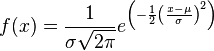 f(x) = /frac {1}{/sigma/sqrt{2/pi}}e^/left(-/frac {1}{2} /left(/frac{x-/mu}{/sigma}/right)^2/right)