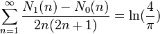  \sum_{n=1}^\infty \frac{N_1(n) - N_0(n)}{2n(2n+1)} = \ln ( \frac{4}{\pi} ) 