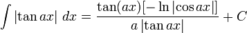 \int \left| \tan{ax} \right|\,dx = {\tan(ax)[-\ln\left|\cos{ax}\right|] \over a \left| \tan{ax} \right|} + C