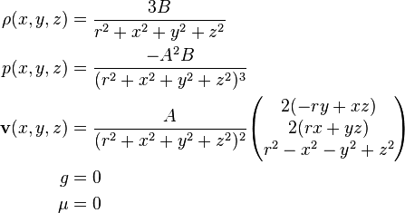 \begin{align}
        \rho(x, y, z) &= \frac{3B}{r^2 + x^2 + y^2 + z^2} \\
           p(x, y, z) &= \frac{-A^2B}{(r^2 + x^2 + y^2 + z^2)^3} \\
  \mathbf{v}(x, y, z) &= \frac{A}{(r^2 + x^2 + y^2 + z^2)^2}\begin{pmatrix} 2(-ry + xz) \\ 2(rx + yz) \\ r^2 - x^2 - y^2 + z^2 \end{pmatrix} \\
                    g &= 0 \\
                  \mu &= 0
\end{align}