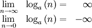 \begin{array}{clr} 
\displaystyle \lim_{n \to \infty } &\log_a \left(n \right) = & \infty \\
\displaystyle \lim_{n \to 0}       &\log_a \left(n \right) = &-\infty \\
\end{array}