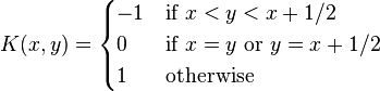 K(x,y)=
\begin{cases} -1 & \text{if } x<y<x+1/2 \\ 0 & \text{if } x=y \text{ or } y=x+1/2\\ 1 & \text{otherwise}
\end{cases}