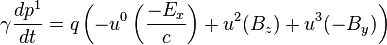 \gamma {\frac  {dp^{1}}{dt}}=q\left(-u^{0}\left({\frac  {-E_{x}}{c}}\right)+u^{2}(B_{z})+u^{3}(-B_{y})\right)\,